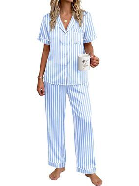 Women's Blue Polyester Short Sleeve Button Down Loungewear Satin Pajama Set